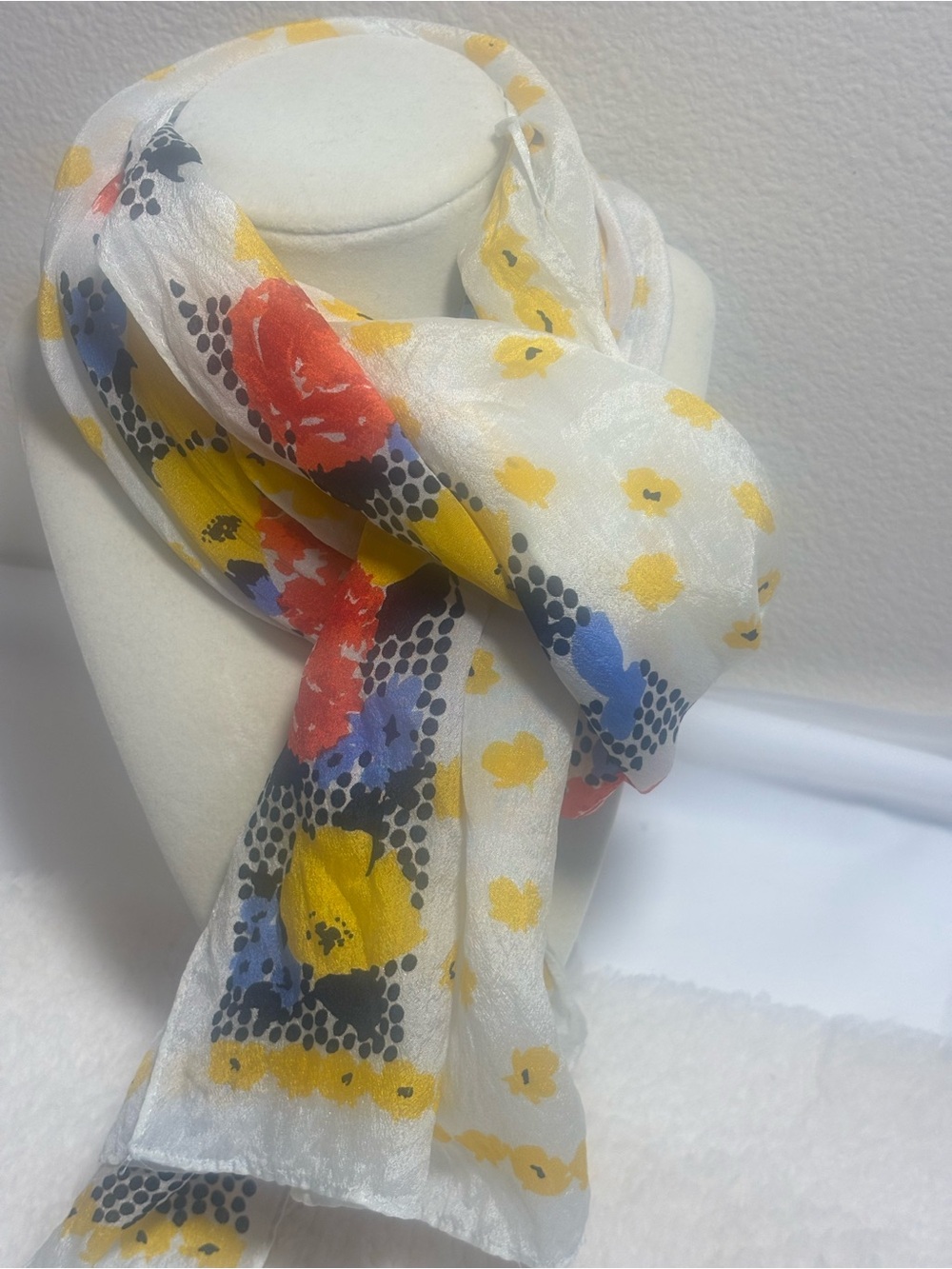 Vintage 1950s Sheer Floral Scarf Polka Dot Border Chiffon Hair Wrap